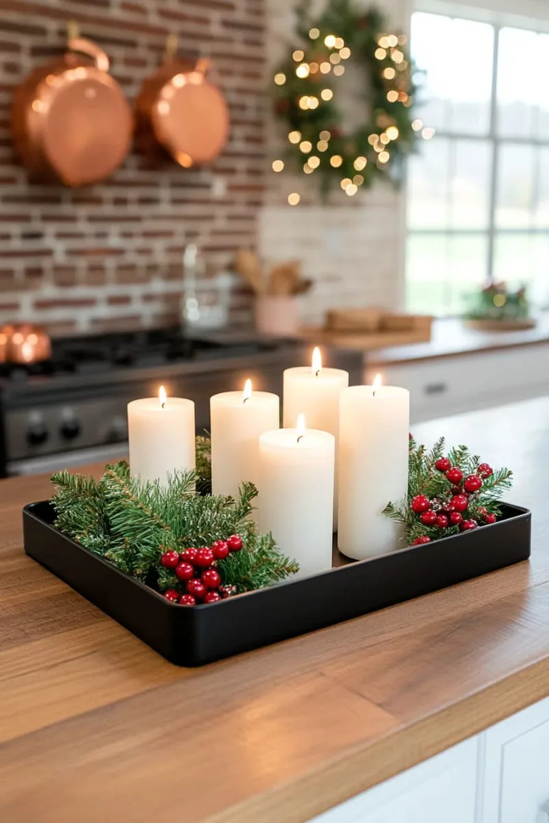 23 Christmas Countertop Decor Ideas Guests Can’t Stop Talking About 27 sleek black tray with pillar candles, mini wreaths, and faux cranberries 1