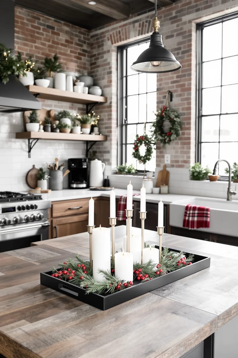 23 Christmas Countertop Decor Ideas Guests Can’t Stop Talking About 19 sleek black tray with pillar candles, mini wreaths, and faux cranberries 1