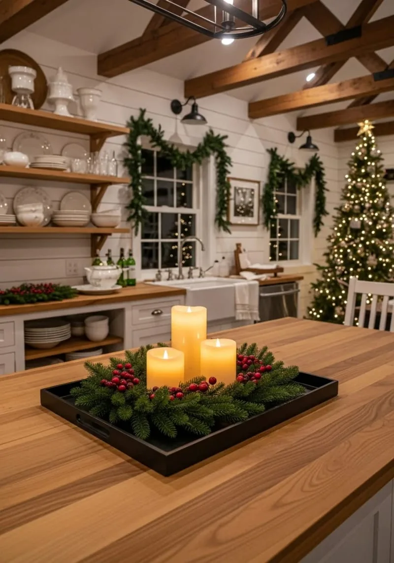 23 Christmas Countertop Decor Ideas Guests Can’t Stop Talking About 31 sleek black tray with pillar candles, mini wreaths, and faux cranberries 1