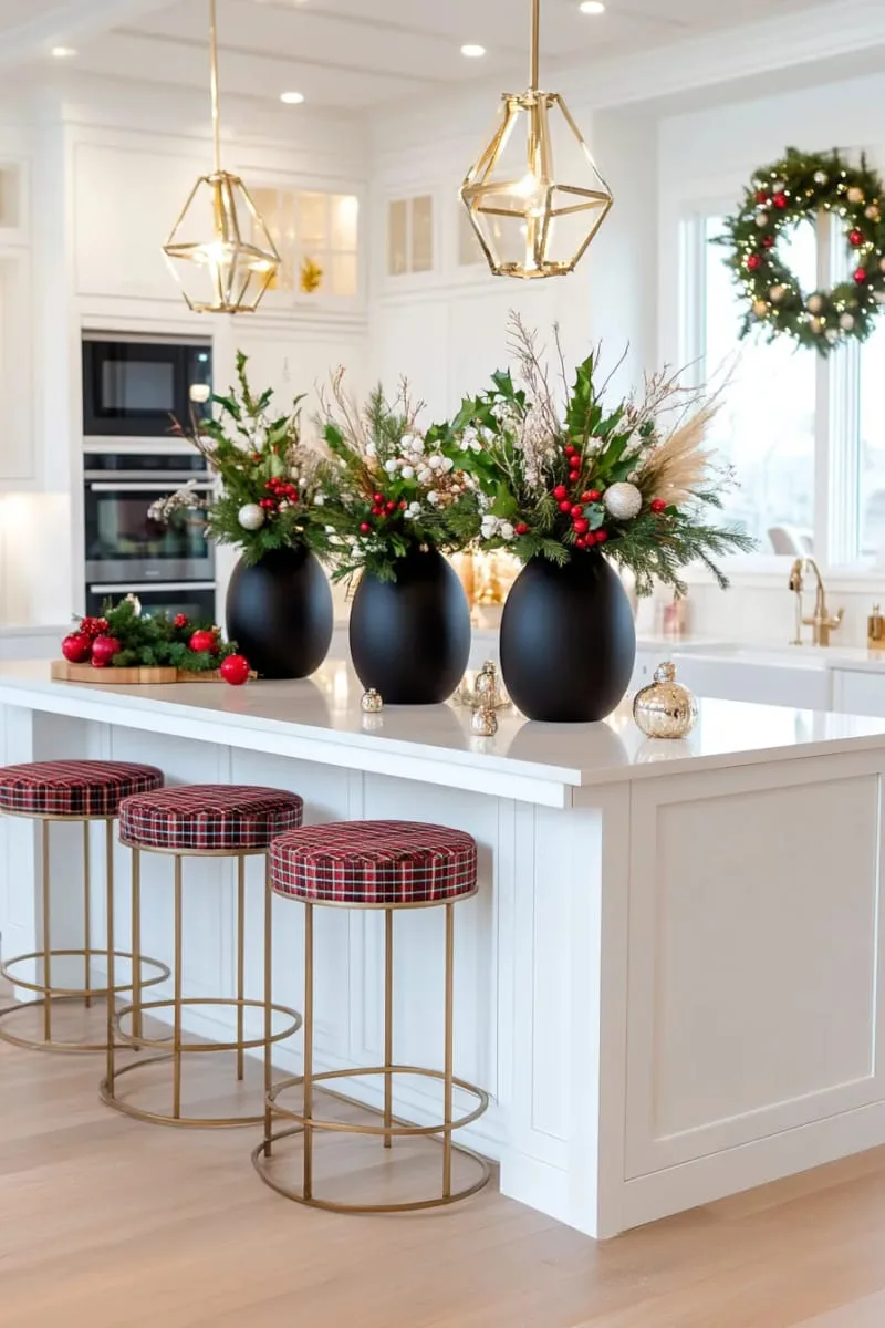 sleek black vases with holly berries and evergreen sprigs for a modern touch 1