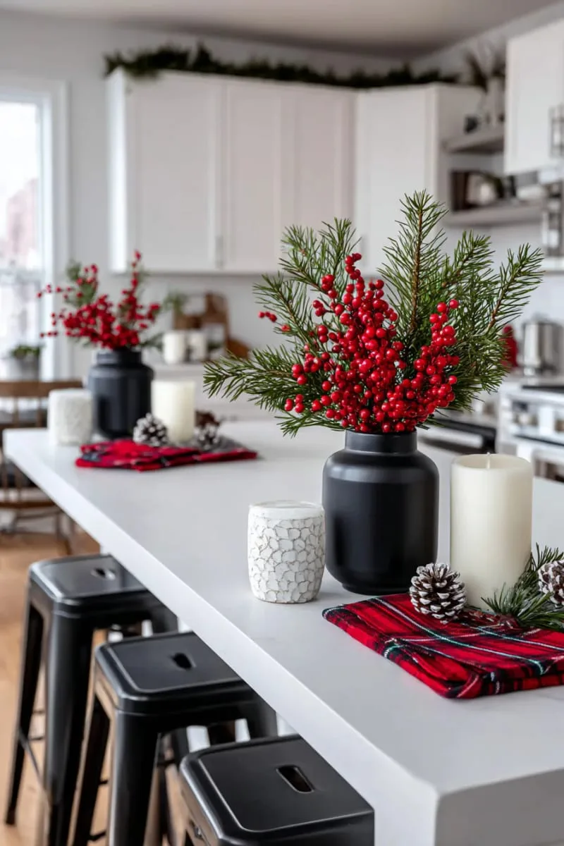 sleek black vases with holly berries and evergreen sprigs for a modern touch 1