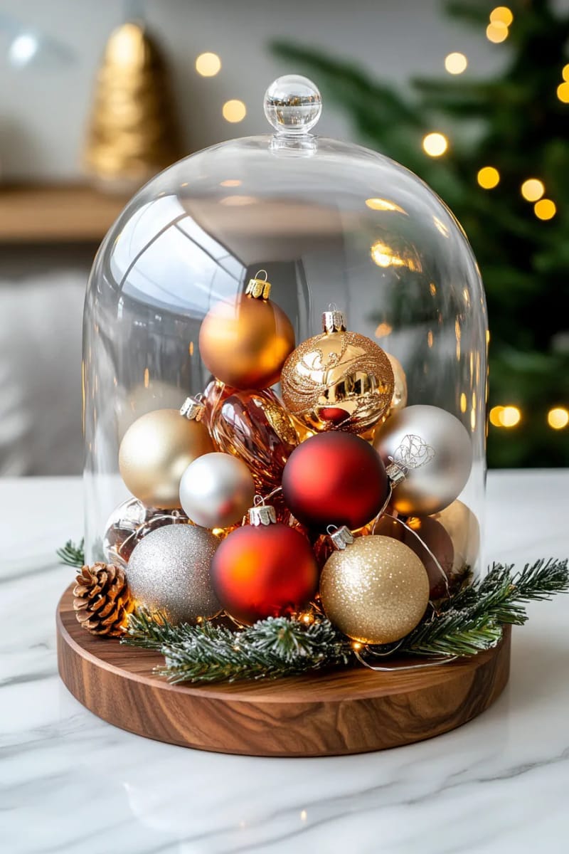 sleek glass cloche displaying festive baubles and tiny fairy light strings 1