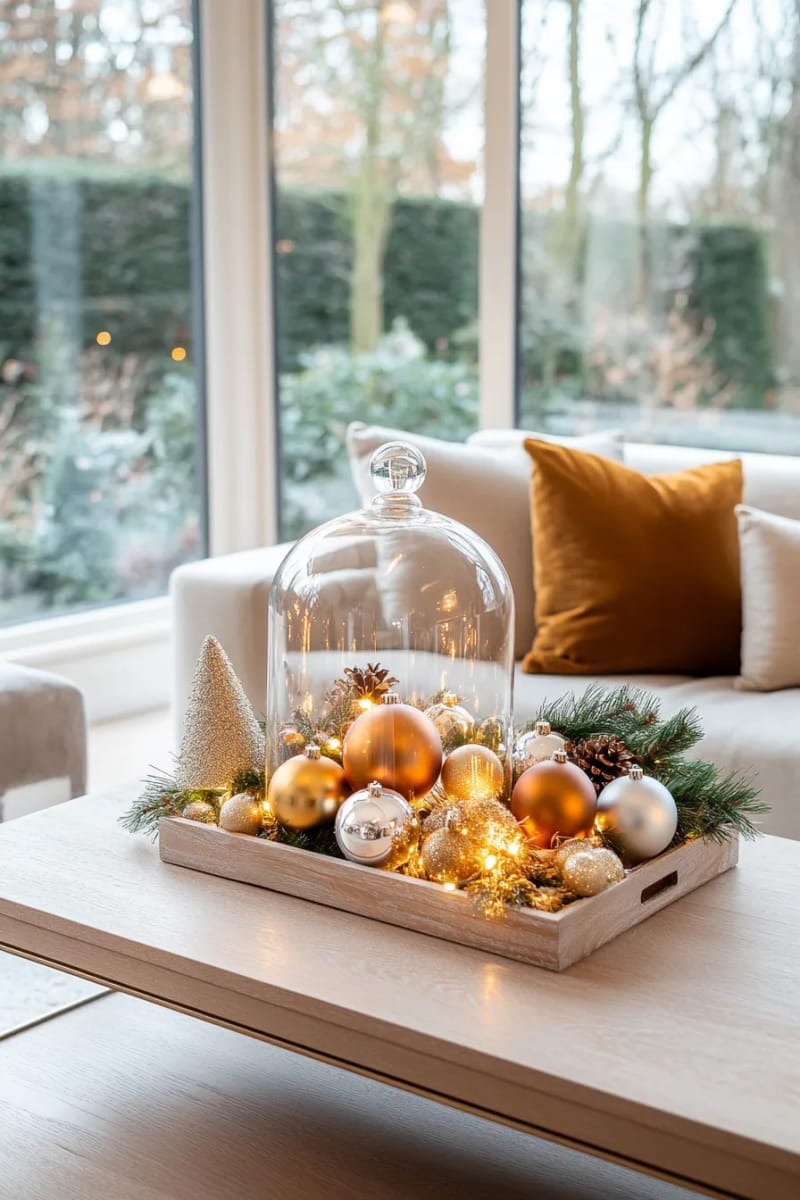 sleek glass cloche displaying festive baubles and tiny fairy light strings 1