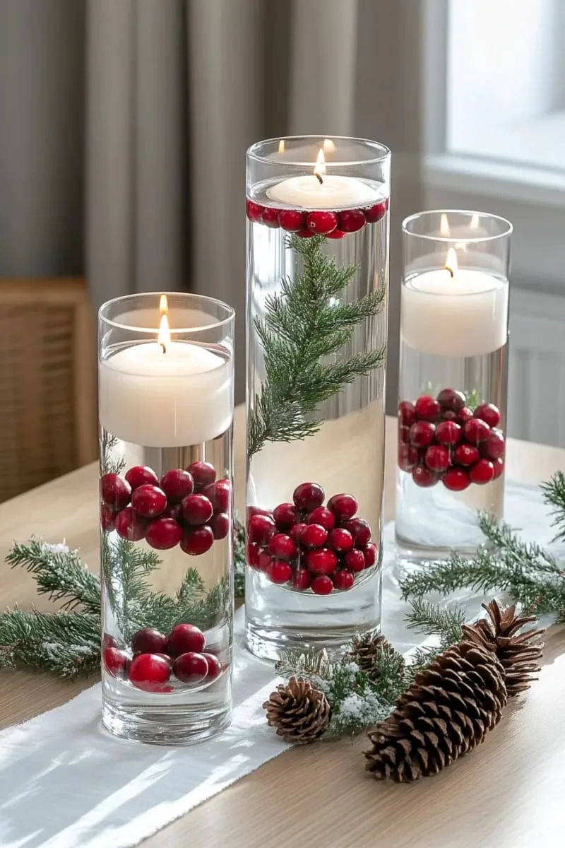 29 Best Christmas Decorations Trends You Can't Miss This Year 58 sleek glass vases with cranberries, pine branches, and floating candles 1