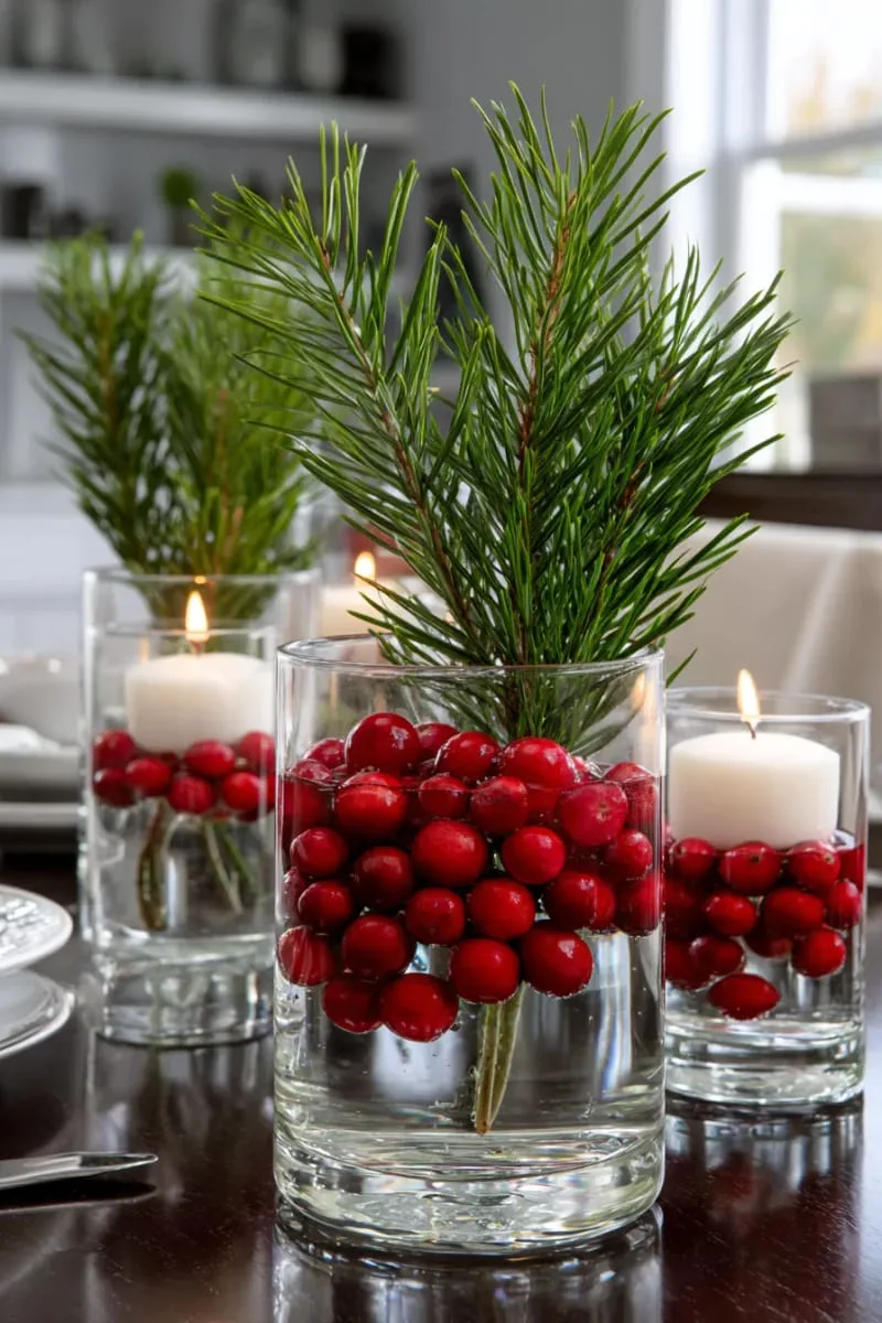 29 Best Christmas Decorations Trends You Can't Miss This Year 59 sleek glass vases with cranberries, pine branches, and floating candles 1