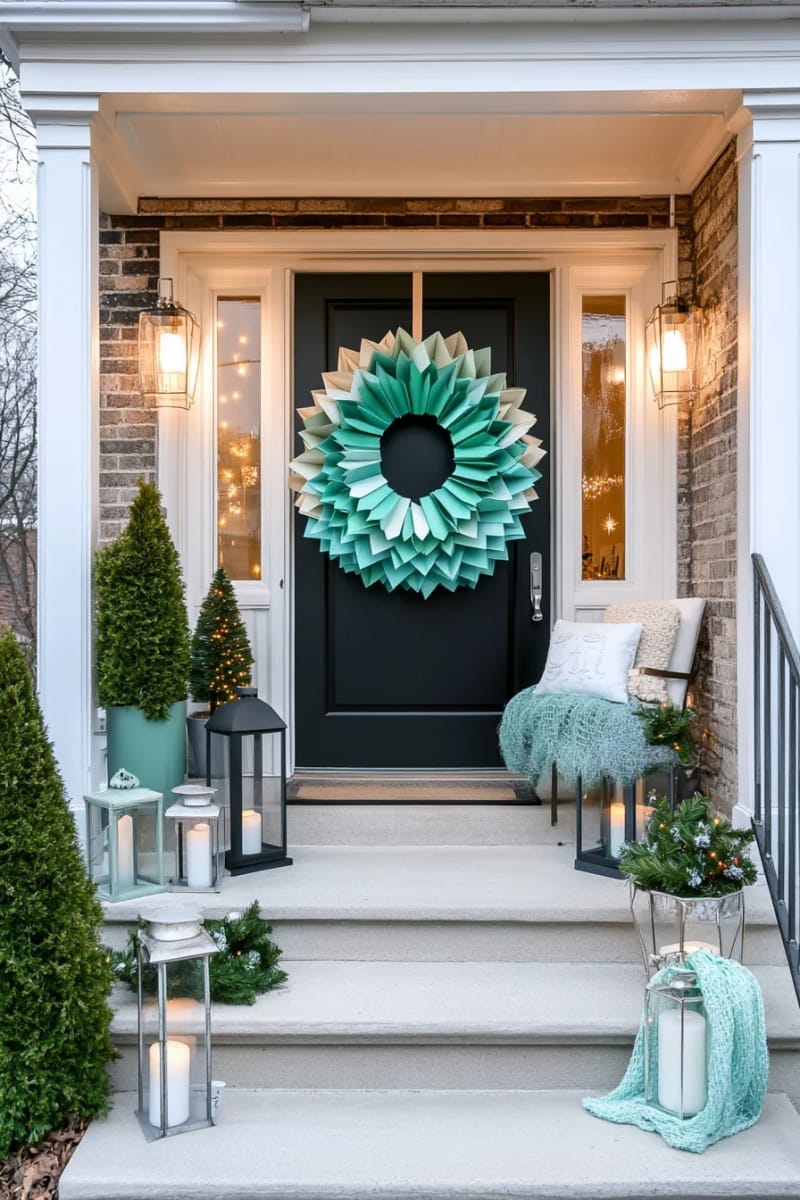 29 Festive Christmas Door Decor Ideas for a Magical Entry 24 sleek modern wreath made of folded paper christmas trees in ombre colors 1