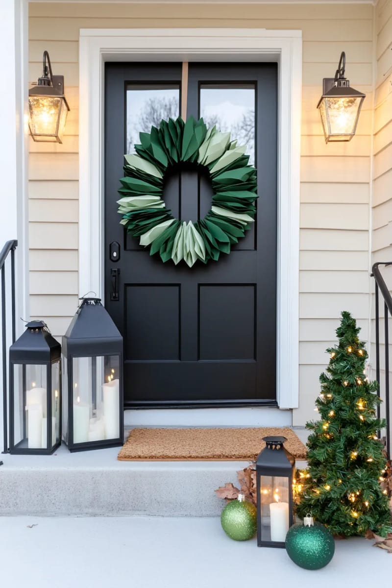 29 Festive Christmas Door Decor Ideas for a Magical Entry 25 sleek modern wreath made of folded paper christmas trees in ombre colors 1