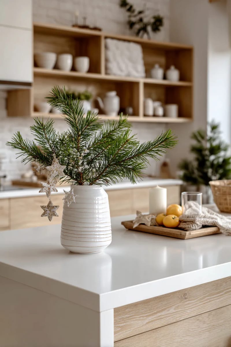 23 Christmas Countertop Decor Ideas Guests Can’t Stop Talking About 46 sleek vase with minimalist pine branches and star garland 1