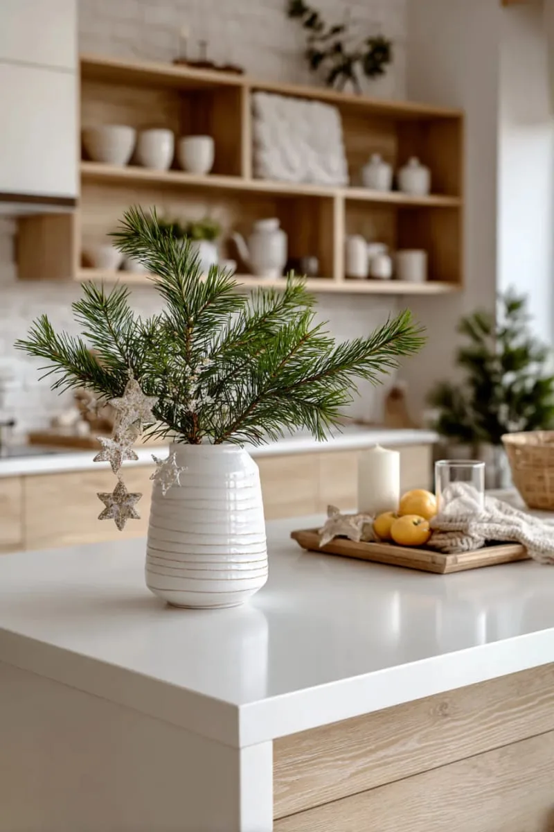 23 Christmas Countertop Decor Ideas Guests Can’t Stop Talking About 73 sleek vase with minimalist pine branches and star garland 1