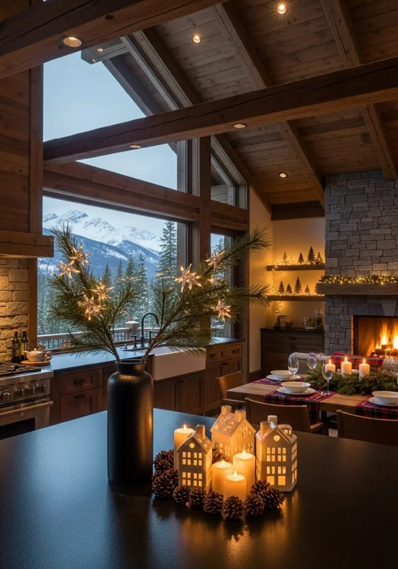 23 Christmas Countertop Decor Ideas Guests Can’t Stop Talking About 74 sleek vase with minimalist pine branches and star garland 1