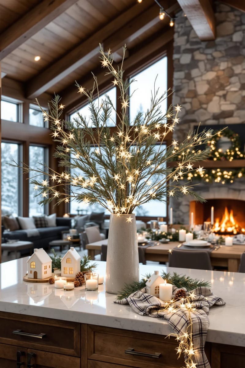 23 Christmas Countertop Decor Ideas Guests Can’t Stop Talking About 48 sleek vase with minimalist pine branches and star garland 1