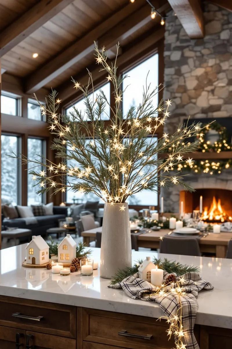 23 Christmas Countertop Decor Ideas Guests Can’t Stop Talking About 77 sleek vase with minimalist pine branches and star garland 1