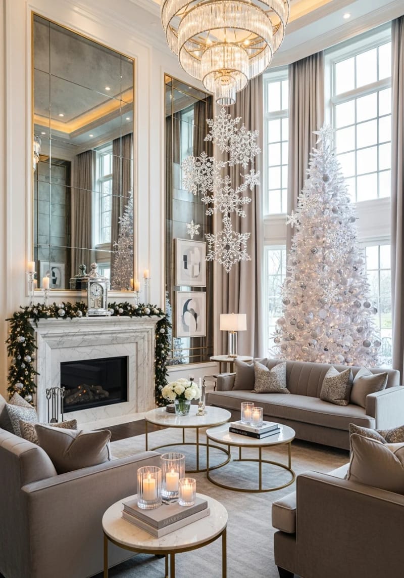 sleek white christmas tree decorated with delicate crystal snowflakes 1