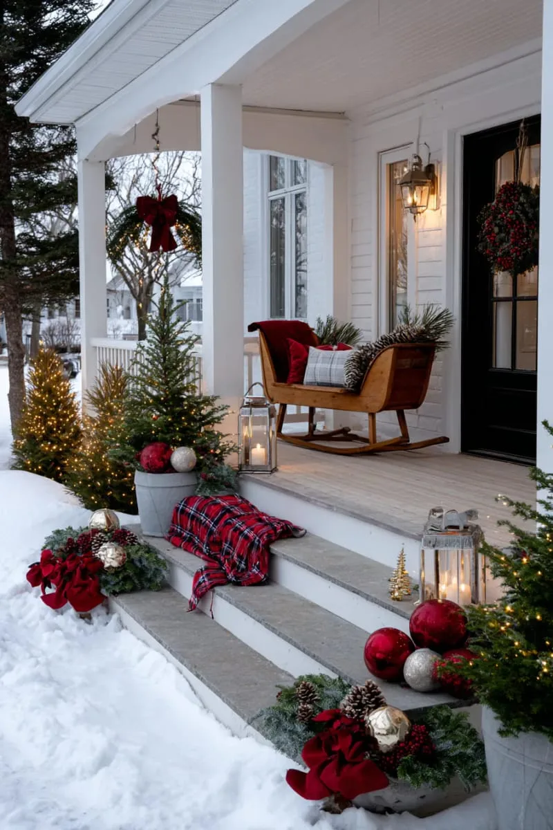 23 Exterior Christmas Decor Ideas Guests Will Remember All Season Long 68 sleigh planter filled with fresh greenery, pinecones, and giant velvet ornaments 1