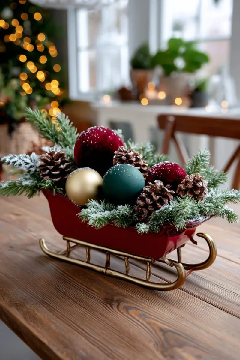 23 Exterior Christmas Decor Ideas Guests Will Remember All Season Long 69 sleigh planter filled with fresh greenery, pinecones, and giant velvet ornaments 1