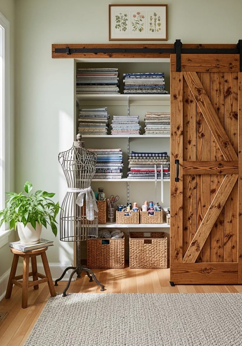 sliding barn door closet for hidden fabric storage 1