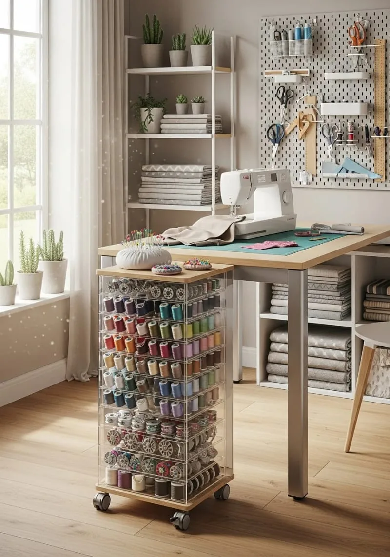 15 Sewing Room Organization Ideas to Declutter and Inspire Creativity 24 slim vertical trolley for easy-access bobbin, thread, and pin storage 1
