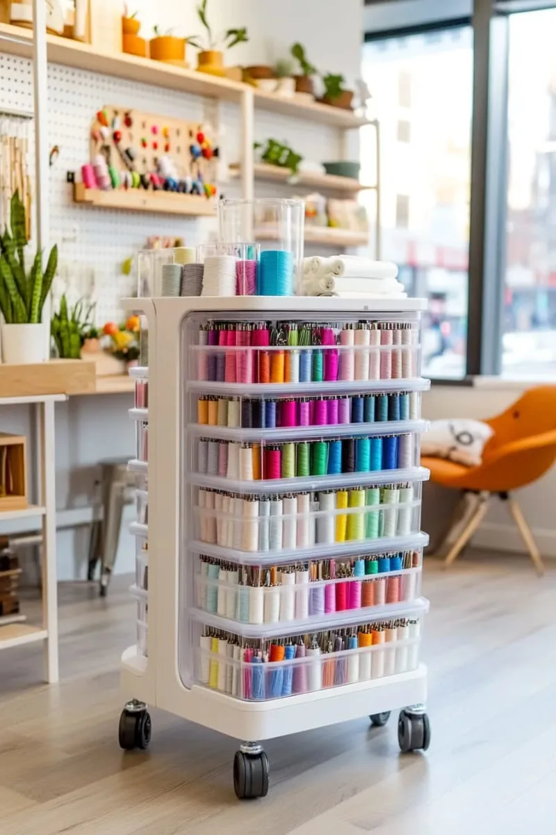 15 Sewing Room Organization Ideas to Declutter and Inspire Creativity 25 slim vertical trolley for easy-access bobbin, thread, and pin storage 1