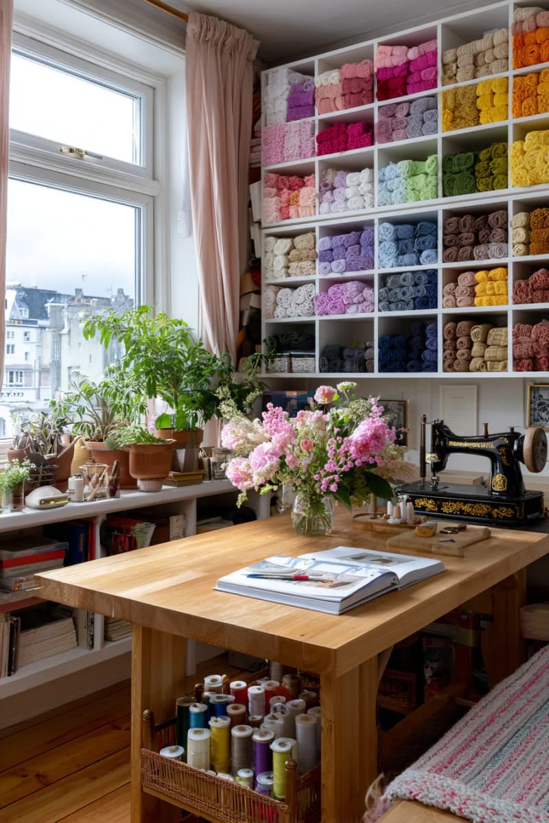 small cubby shelves filled with color-coded fabric bundles 1