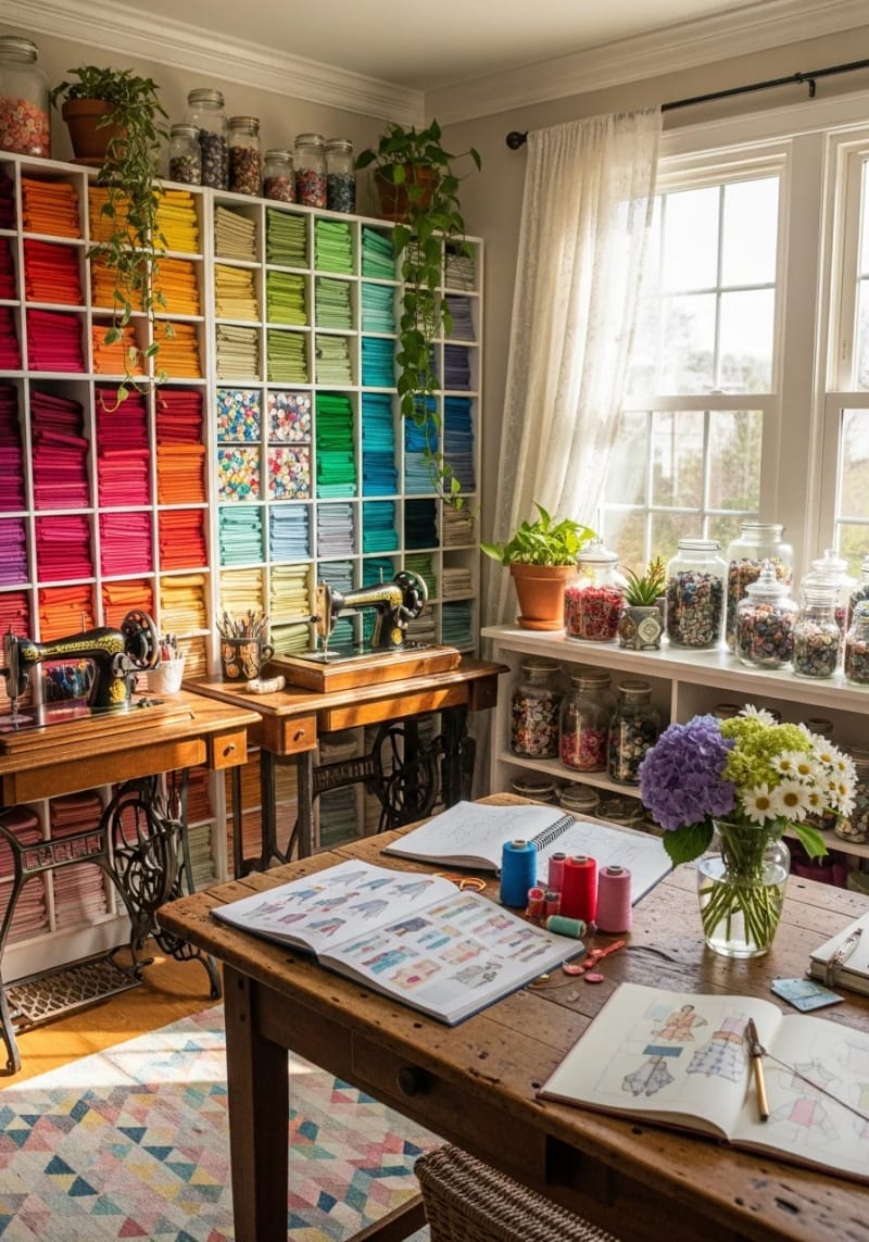 small cubby shelves filled with color-coded fabric bundles 1
