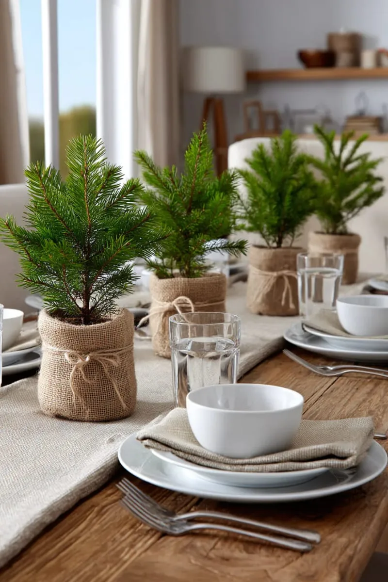 small fir trees in burlap-wrapped pots for the dining table 1