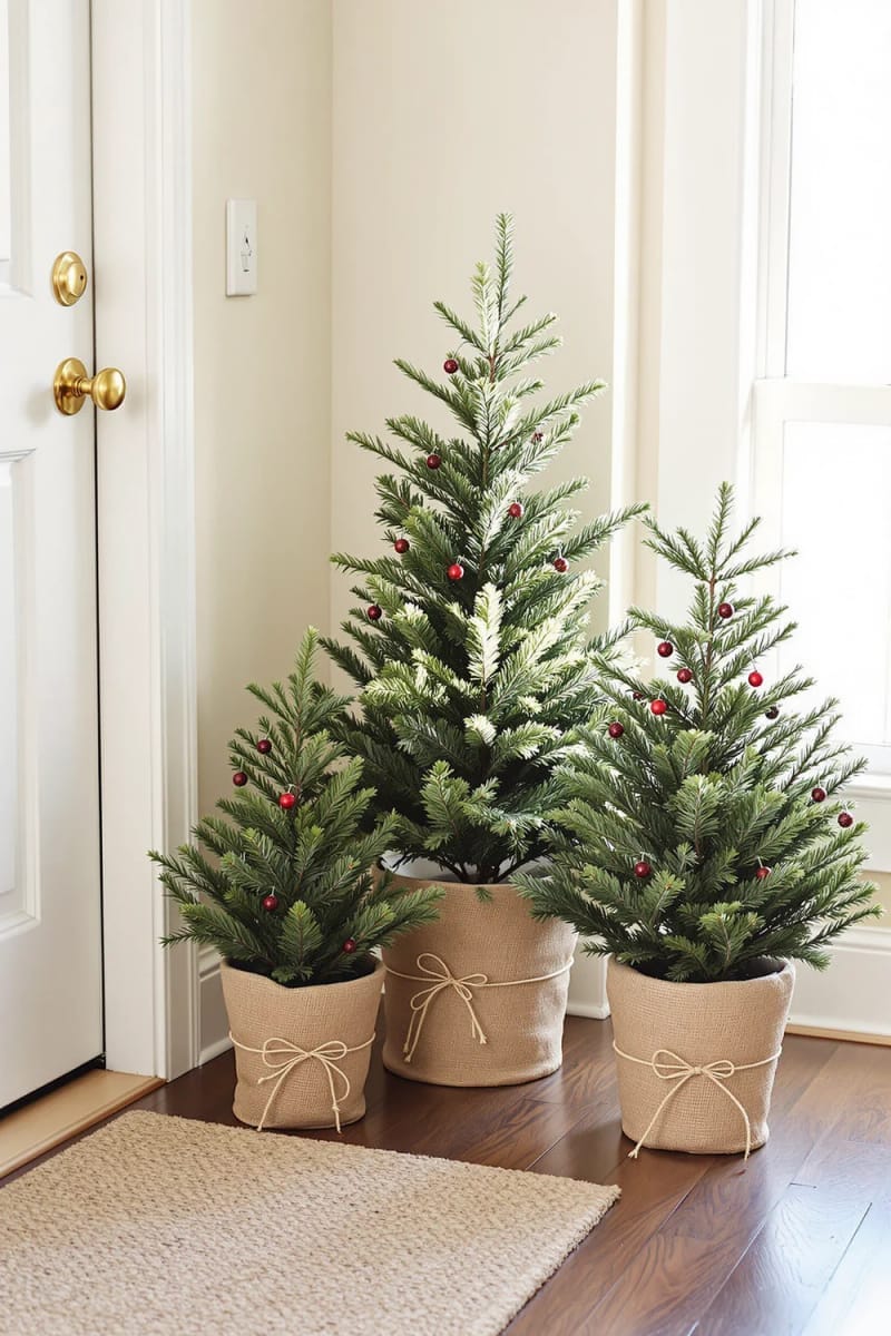 small potted christmas trees with burlap bases for a charming entryway 1
