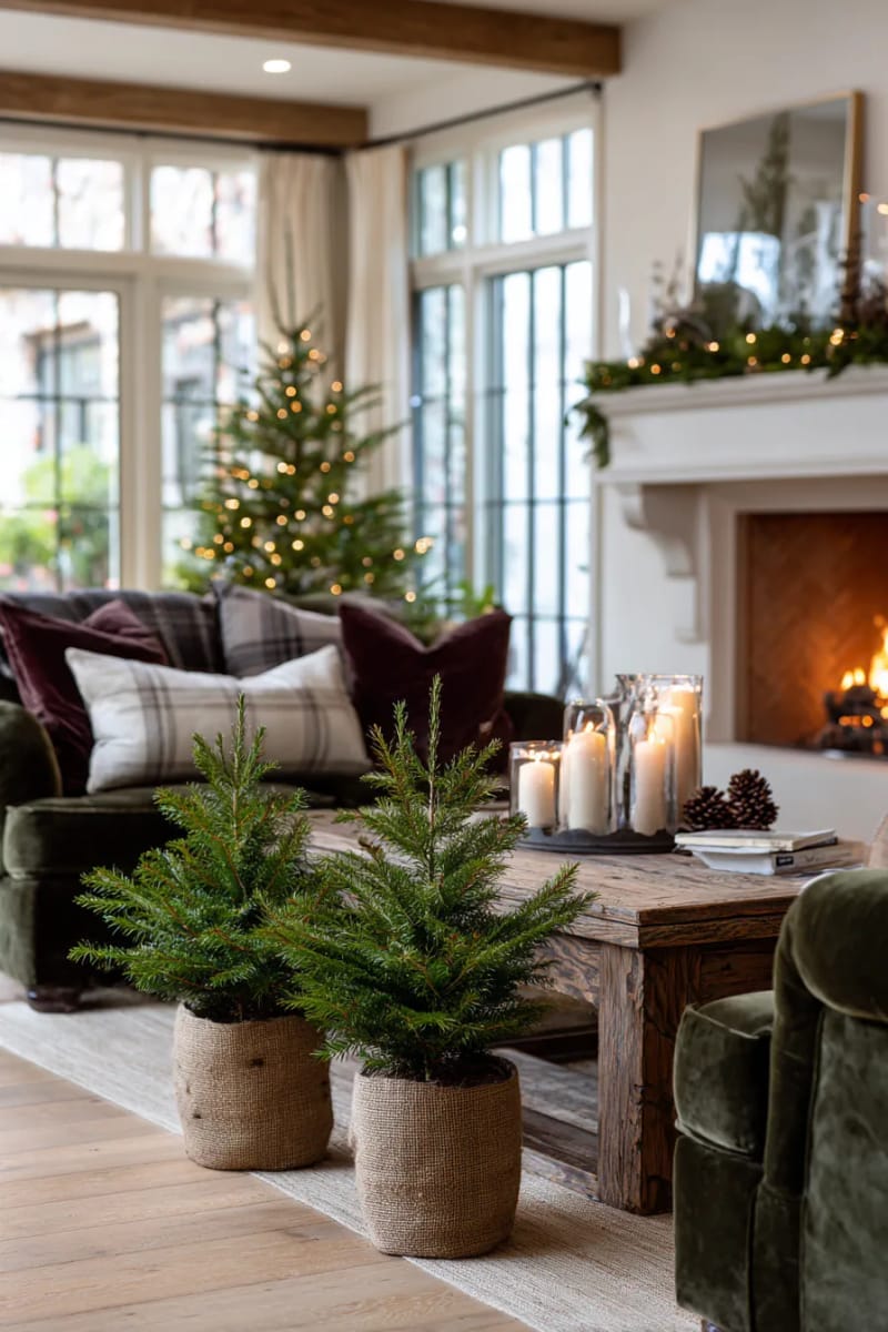 small potted christmas trees with burlap bases for a charming entryway 1