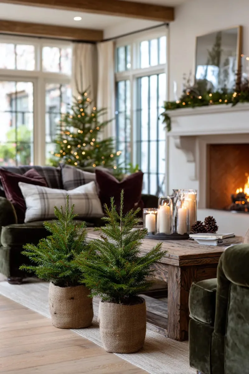 small potted christmas trees with burlap bases for a charming entryway 1