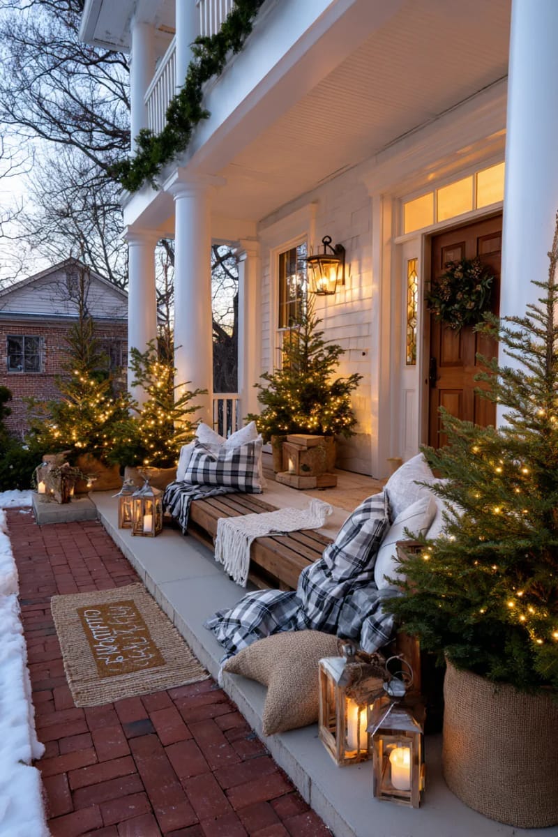 small potted christmas trees with burlap bases for a charming entryway 1