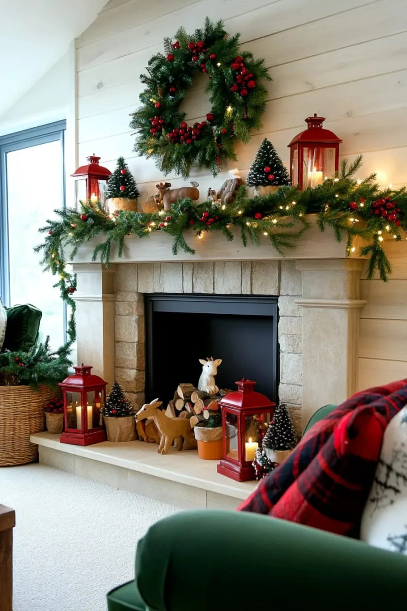 small potted evergreens and red lanterns for a woodland feel 1