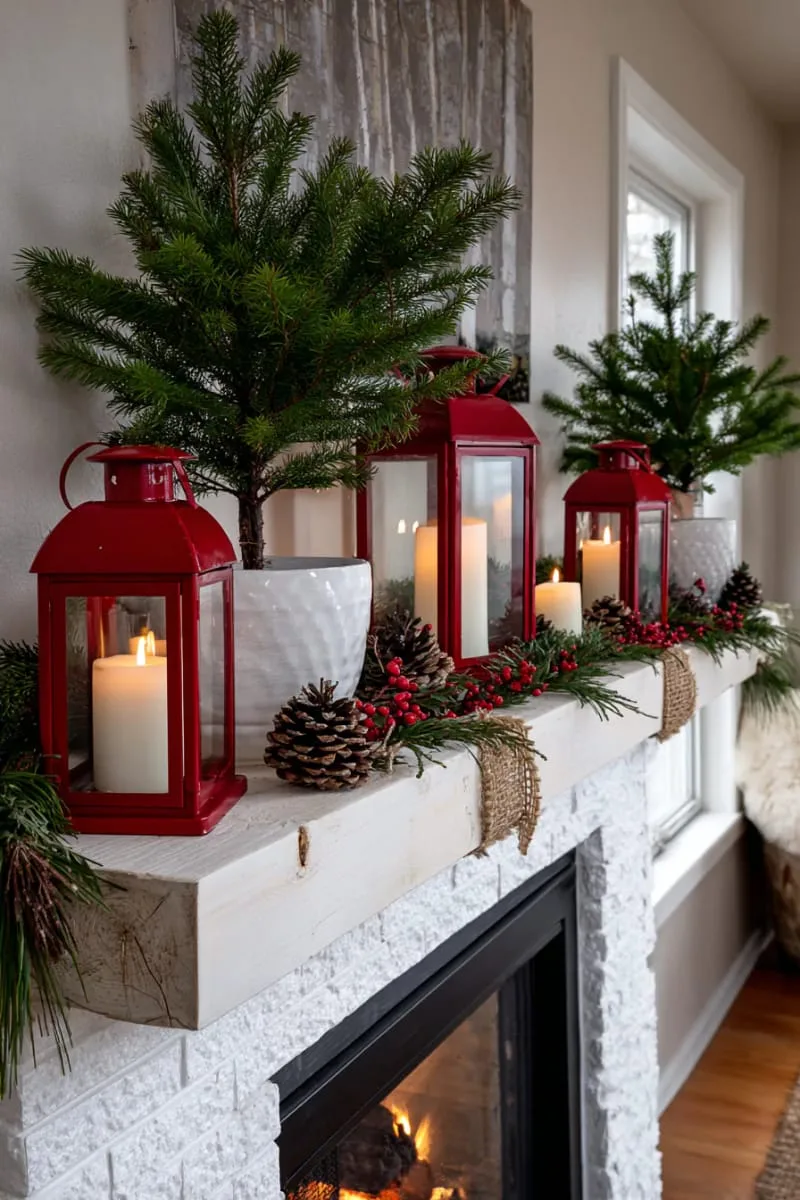 small potted evergreens and red lanterns for a woodland feel 1