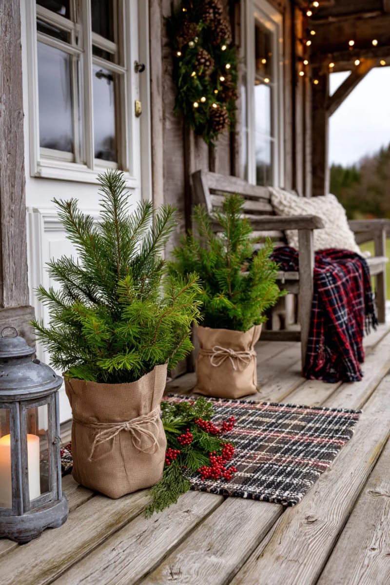 small potted spruce trees wrapped in brown paper with twine bows. 1