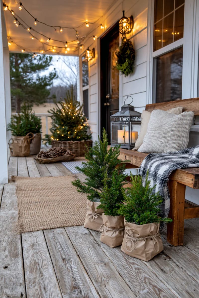 small potted spruce trees wrapped in brown paper with twine bows. 1