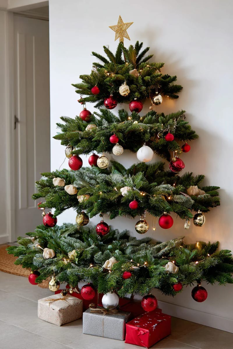 small space wall tree made from layered garlands and ornaments 1