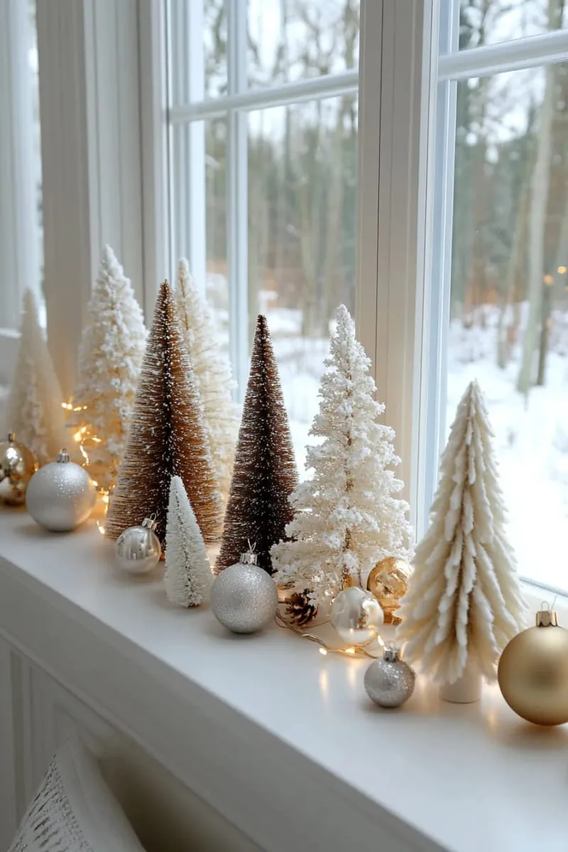 snow-dusted bottle brush trees of varying heights on a windowsill 1