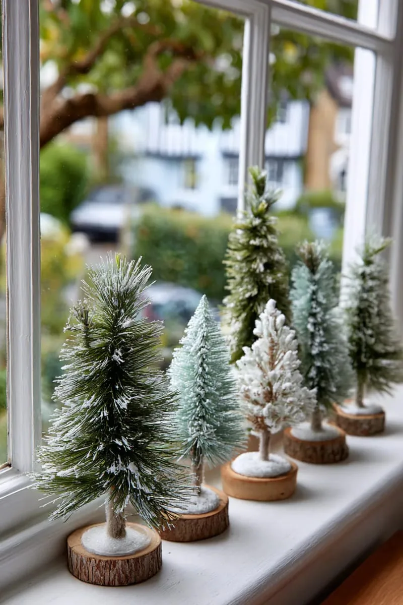 snow-dusted bottle brush trees of varying heights on a windowsill 1