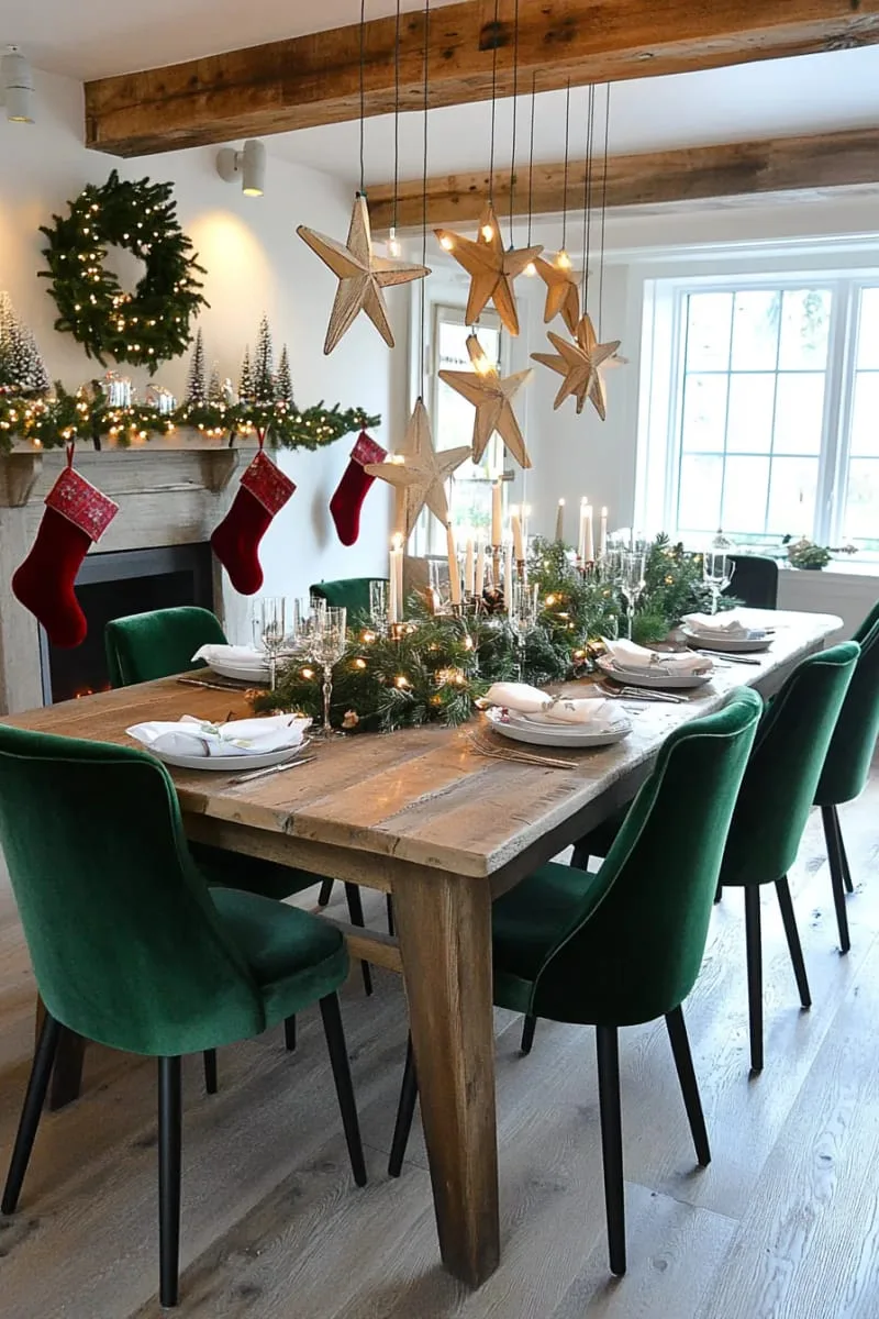 snow-dusted branch centerpiece with hanging wooden stars 1