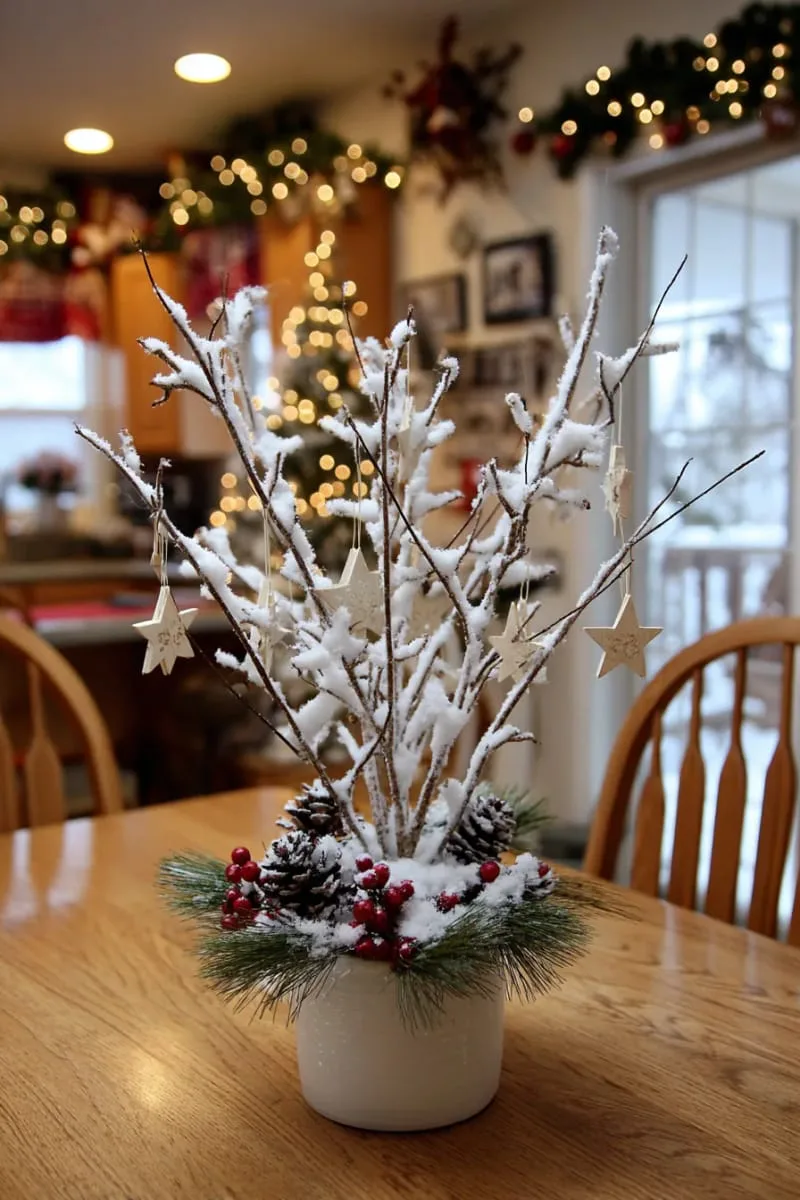 snow-dusted branch centerpiece with hanging wooden stars 1