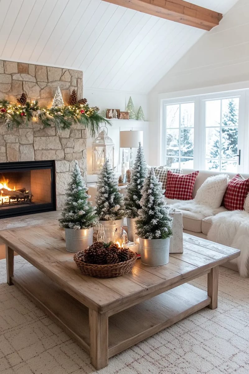 25 Gorgeous Winter Decor Ideas (Not Christmas) for a Serene Home 12 snow-dusted mini pine trees in galvanized metal buckets 1