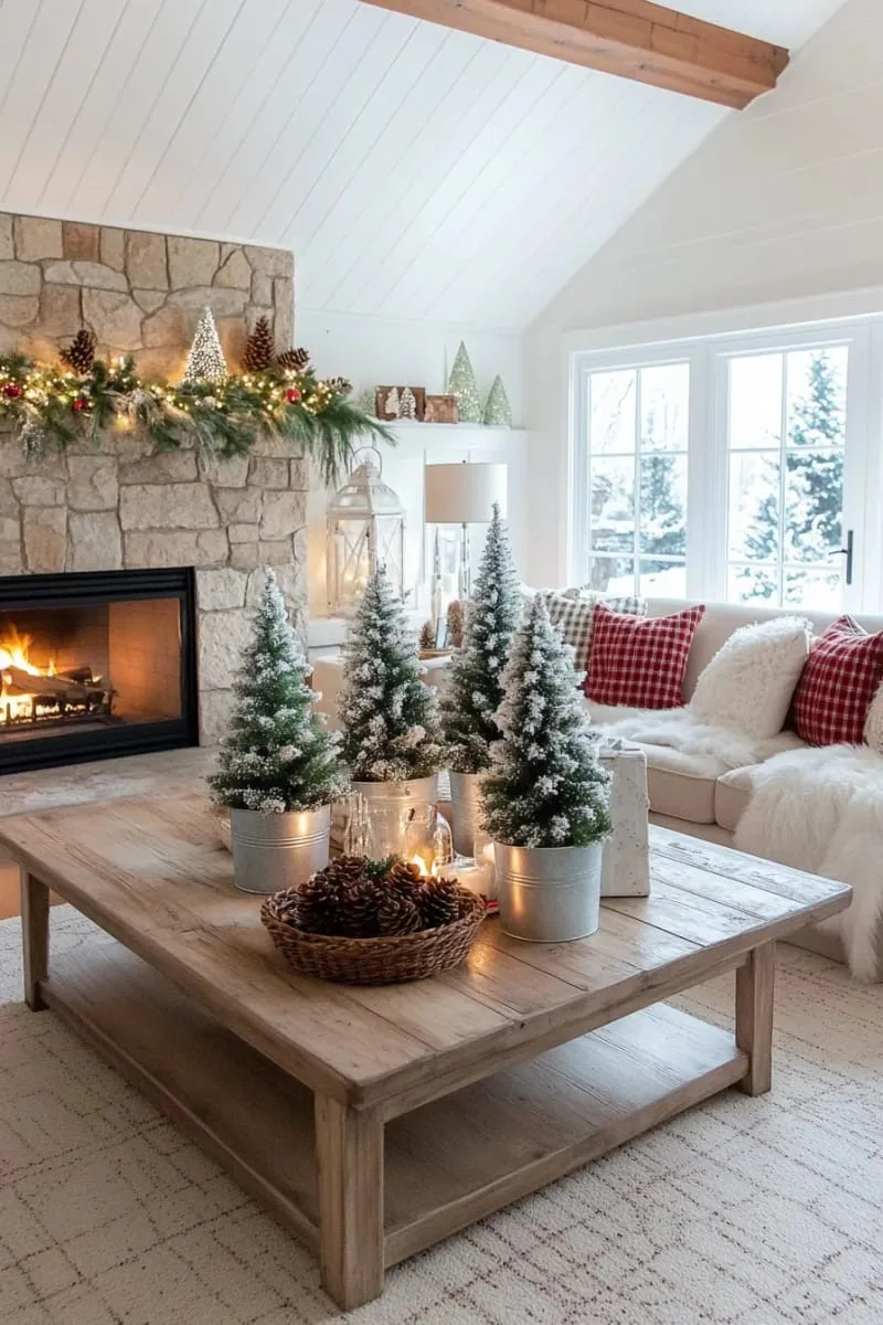 snow-dusted mini pine trees in galvanized metal buckets 1