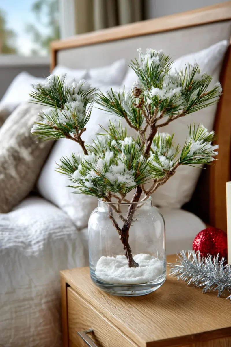 snow-dusted pine branches in a clear vase on the nightstand 1