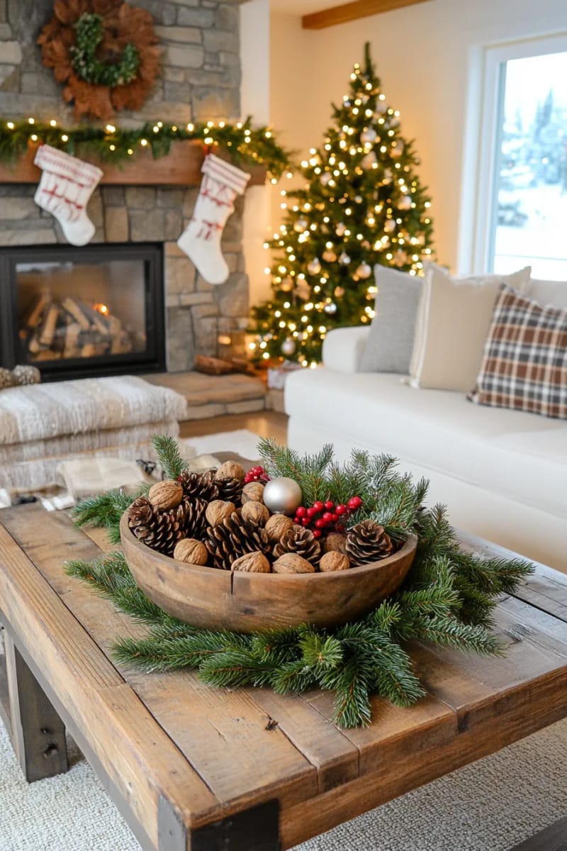 27 Vintage Christmas Decorations You'll Love 56 snow-dusted pinecones and walnuts nestled in a rustic wooden bowl 1