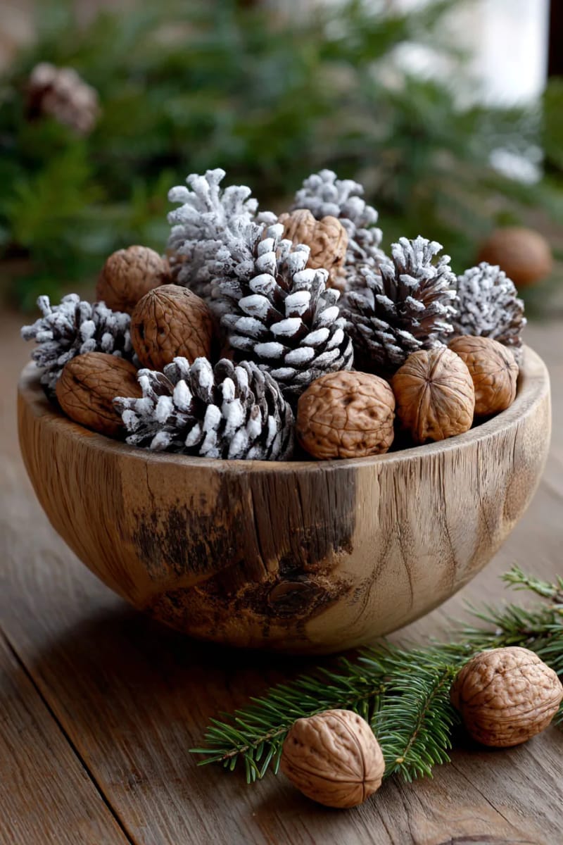 27 Vintage Christmas Decorations You'll Love 57 snow-dusted pinecones and walnuts nestled in a rustic wooden bowl 1