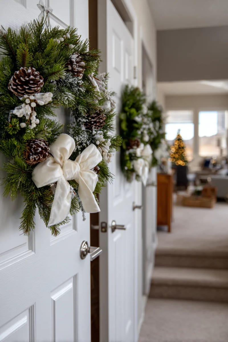 25 New Gorgeous White Christmas Decor Ideas That Wow 57 snow-dusted wreaths with white velvet bows on interior doors or windows 1