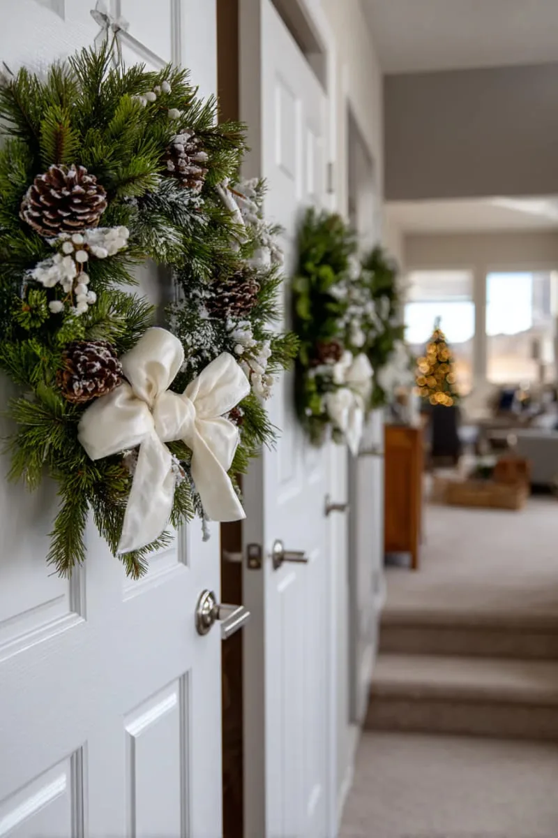 25 New Gorgeous White Christmas Decor Ideas That Wow 56 snow-dusted wreaths with white velvet bows on interior doors or windows 1