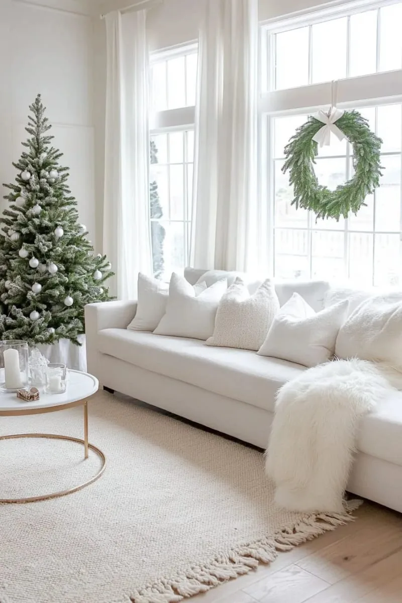 25 New Gorgeous White Christmas Decor Ideas That Wow 57 snow-dusted wreaths with white velvet bows on interior doors or windows 1