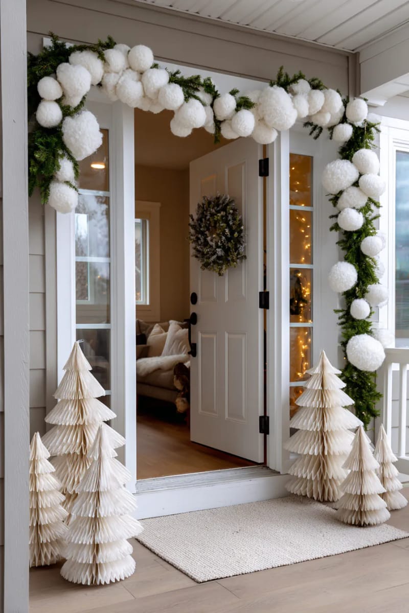 29 Festive Christmas Door Decor Ideas for a Magical Entry 73 snowball garland and white paper trees for a neutral winter look 1