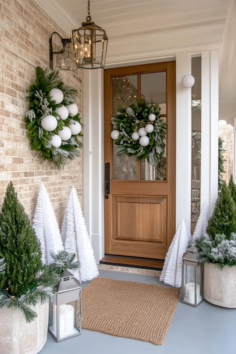 29 Festive Christmas Door Decor Ideas for a Magical Entry 74 snowball garland and white paper trees for a neutral winter look 1