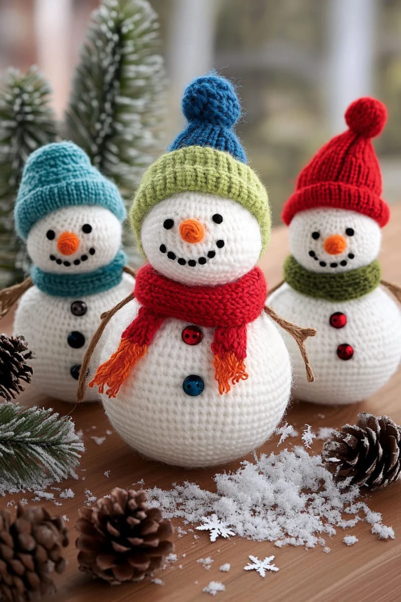 27 Unique Christmas Craft Decorations for Inspired Homes 129 snowman family from stacked white yarn balls and tiny felt accessories 1