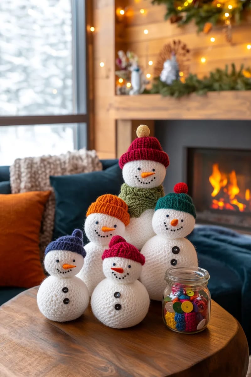 27 Unique Christmas Craft Decorations for Inspired Homes 130 snowman family from stacked white yarn balls and tiny felt accessories 1